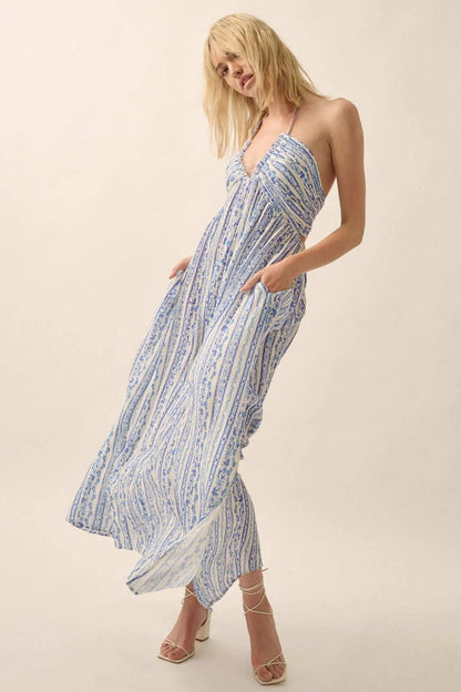 Heavenly Fields Floral-Stripe Halter Maxi Dress