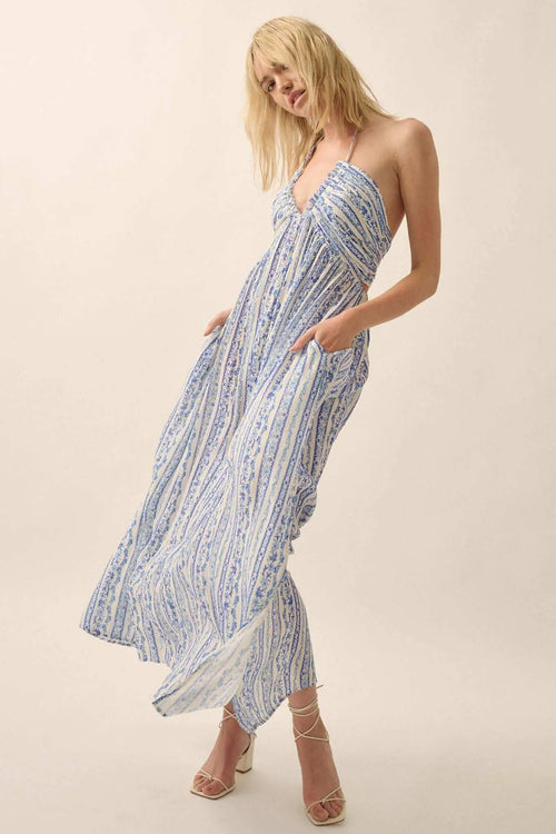 Heavenly Fields Floral-Stripe Halter Maxi Dress
