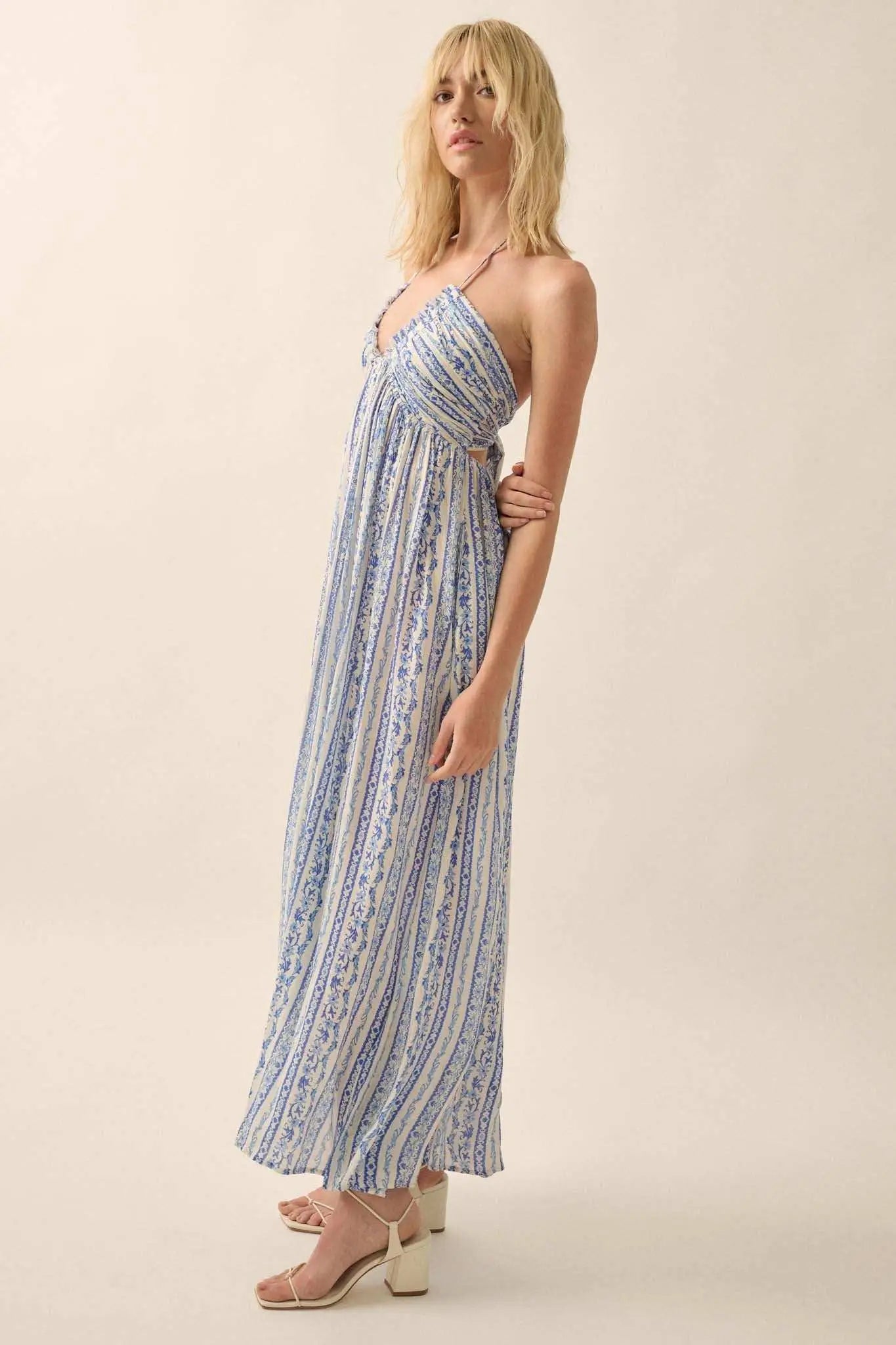 Heavenly Fields Floral-Stripe Halter Maxi Dress