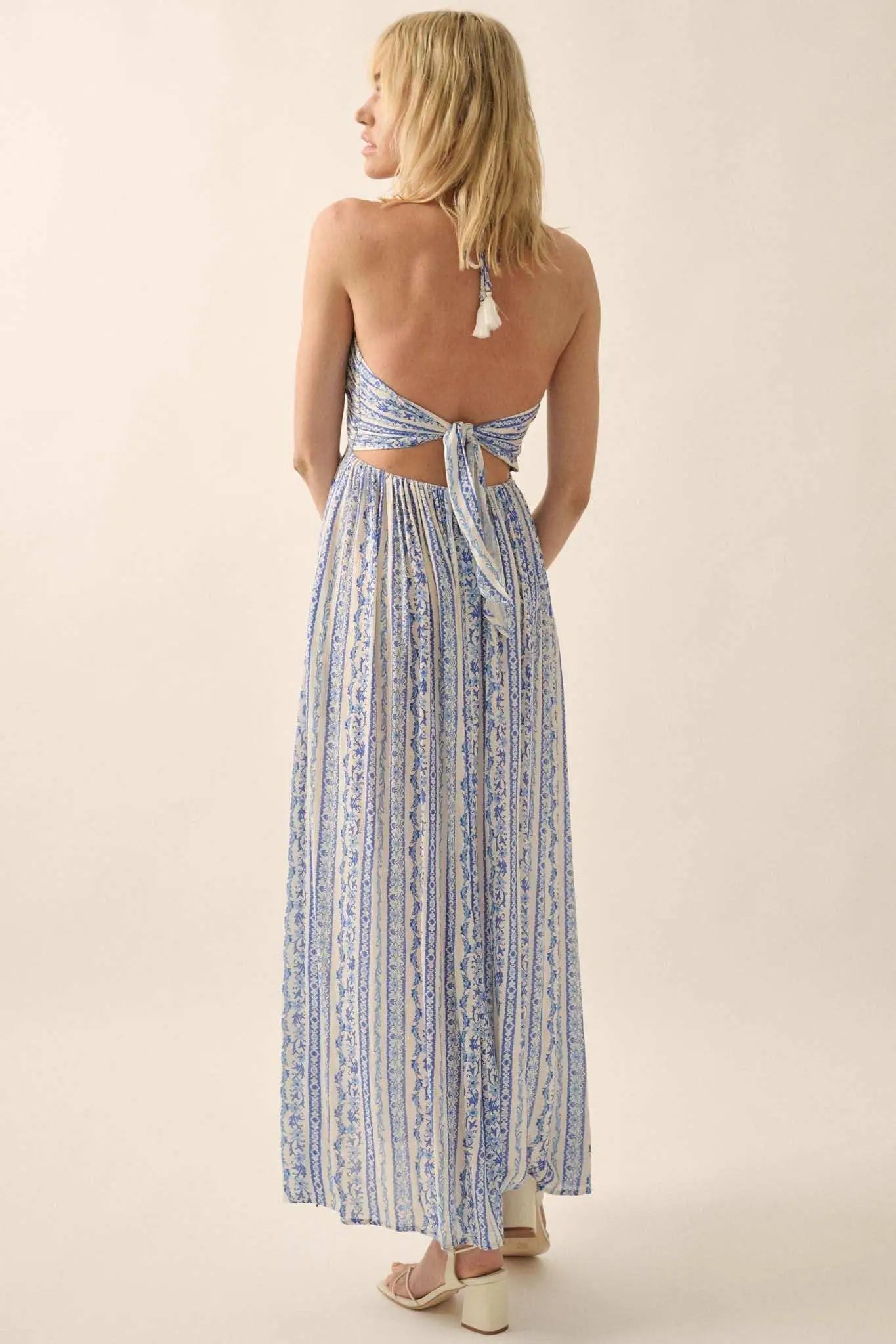 Heavenly Fields Floral-Stripe Halter Maxi Dress