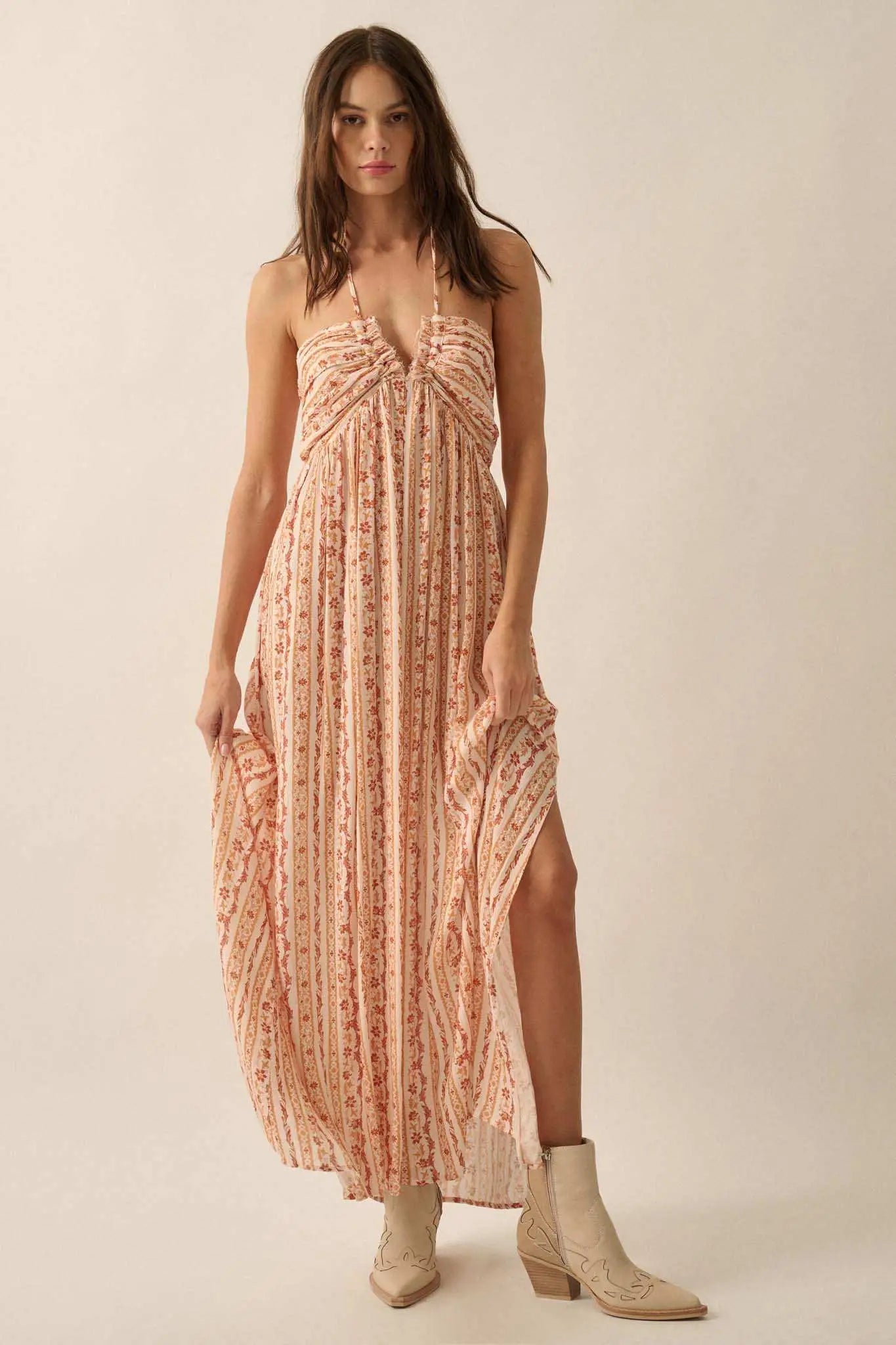 Heavenly Fields Floral-Stripe Halter Maxi Dress
