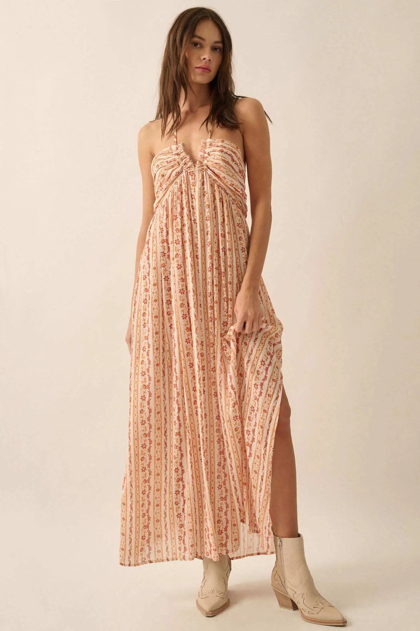 Heavenly Fields Floral-Stripe Halter Maxi Dress