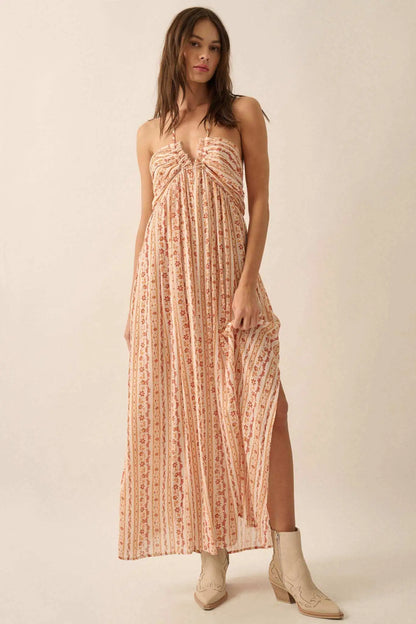 Heavenly Fields Floral-Stripe Halter Maxi Dress
