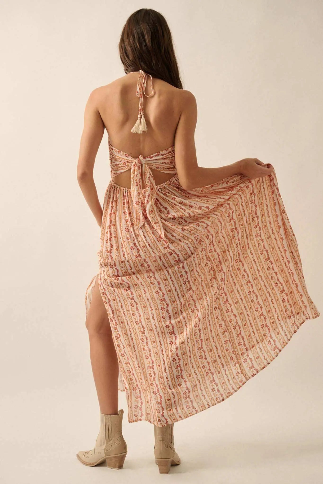 Heavenly Fields Floral-Stripe Halter Maxi Dress