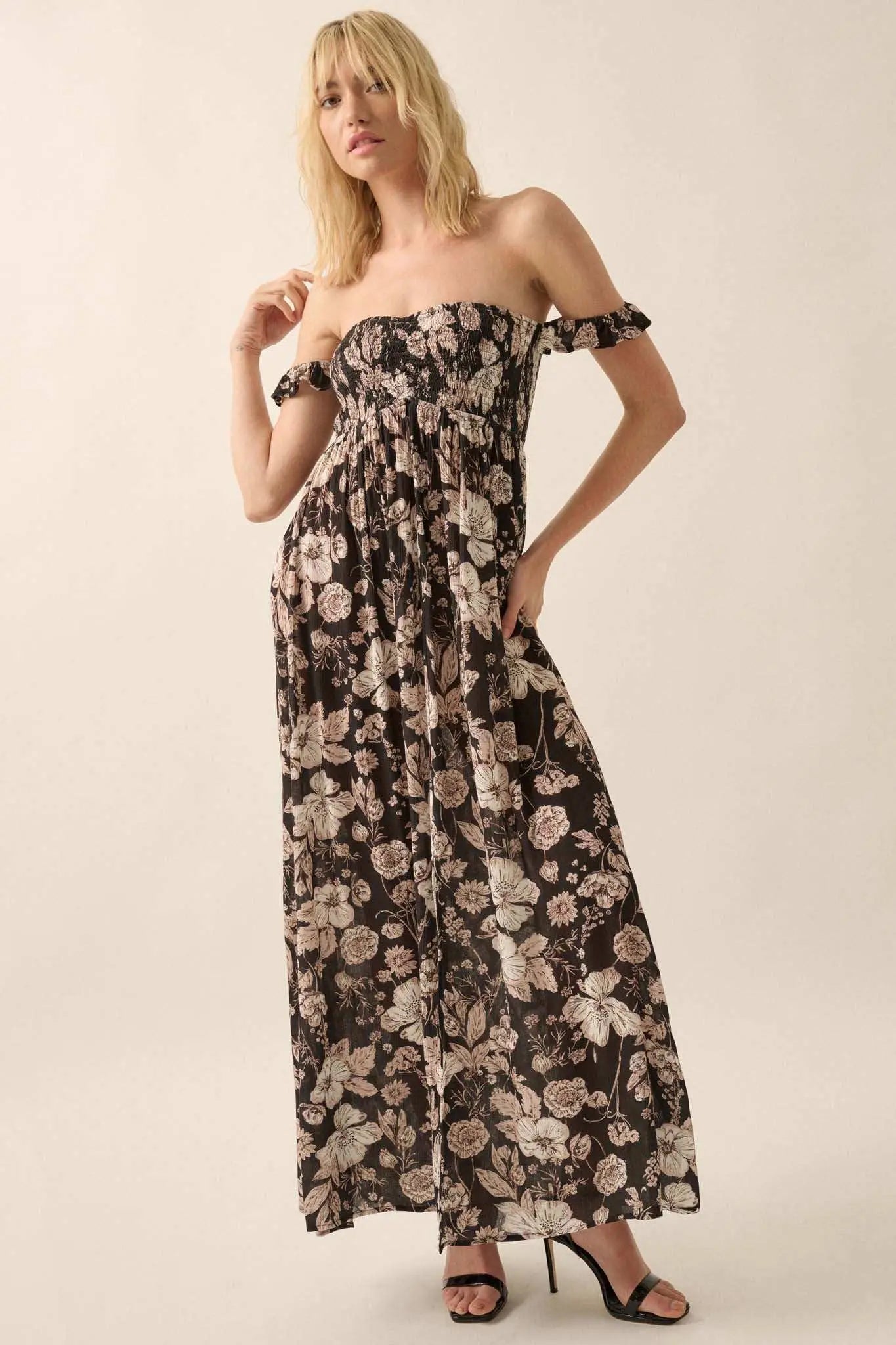 Chic Petals Smocked Floral Off-Shoulder Maxi Dress