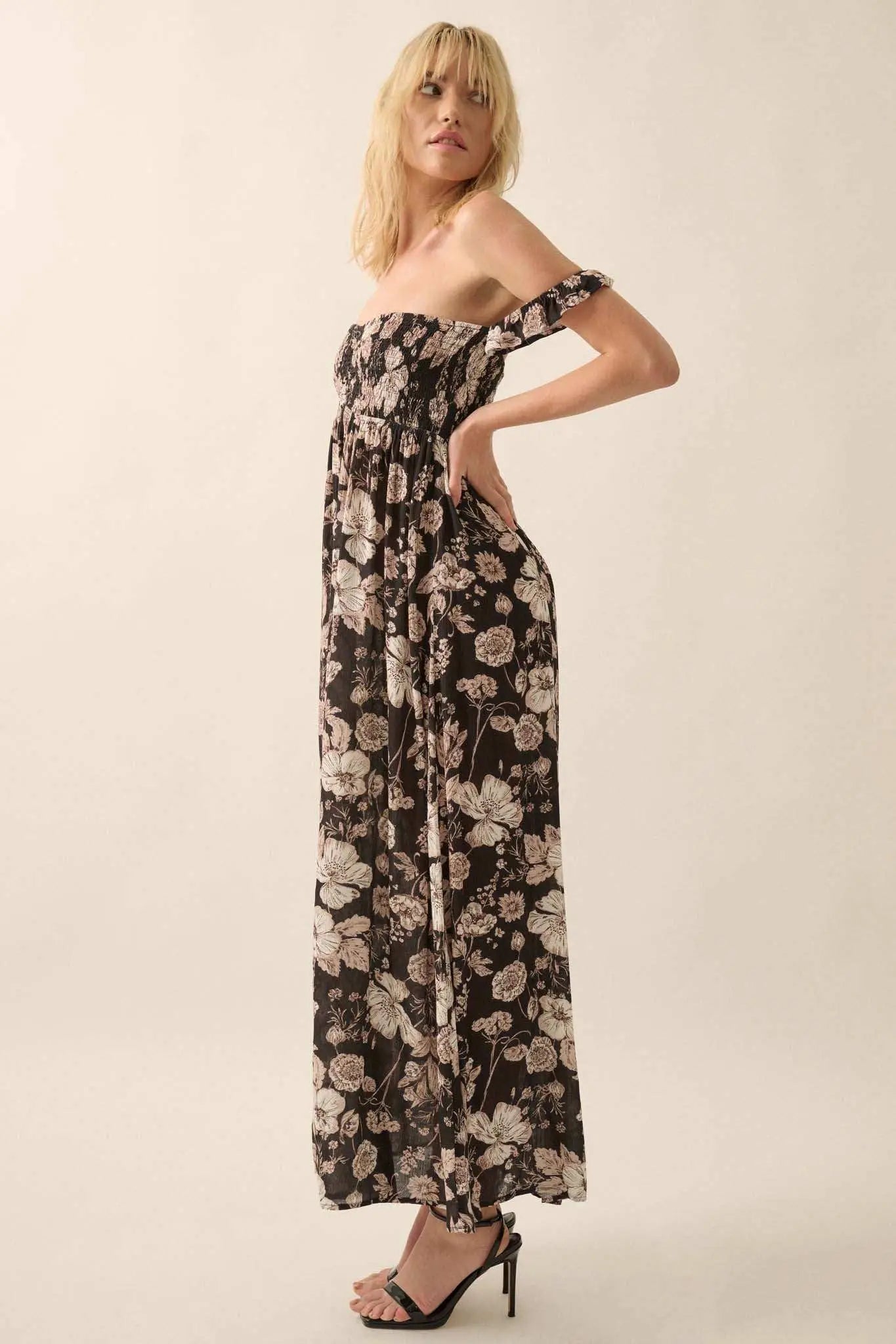Chic Petals Smocked Floral Off-Shoulder Maxi Dress
