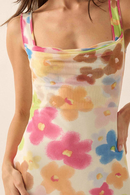 Flower Fever Floral Mesh Cowl-Neck Mini Dress