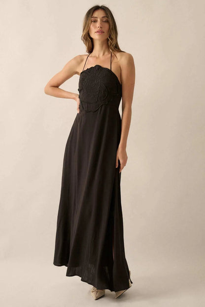 Like a Rose Embroidered Halter Maxi Dress