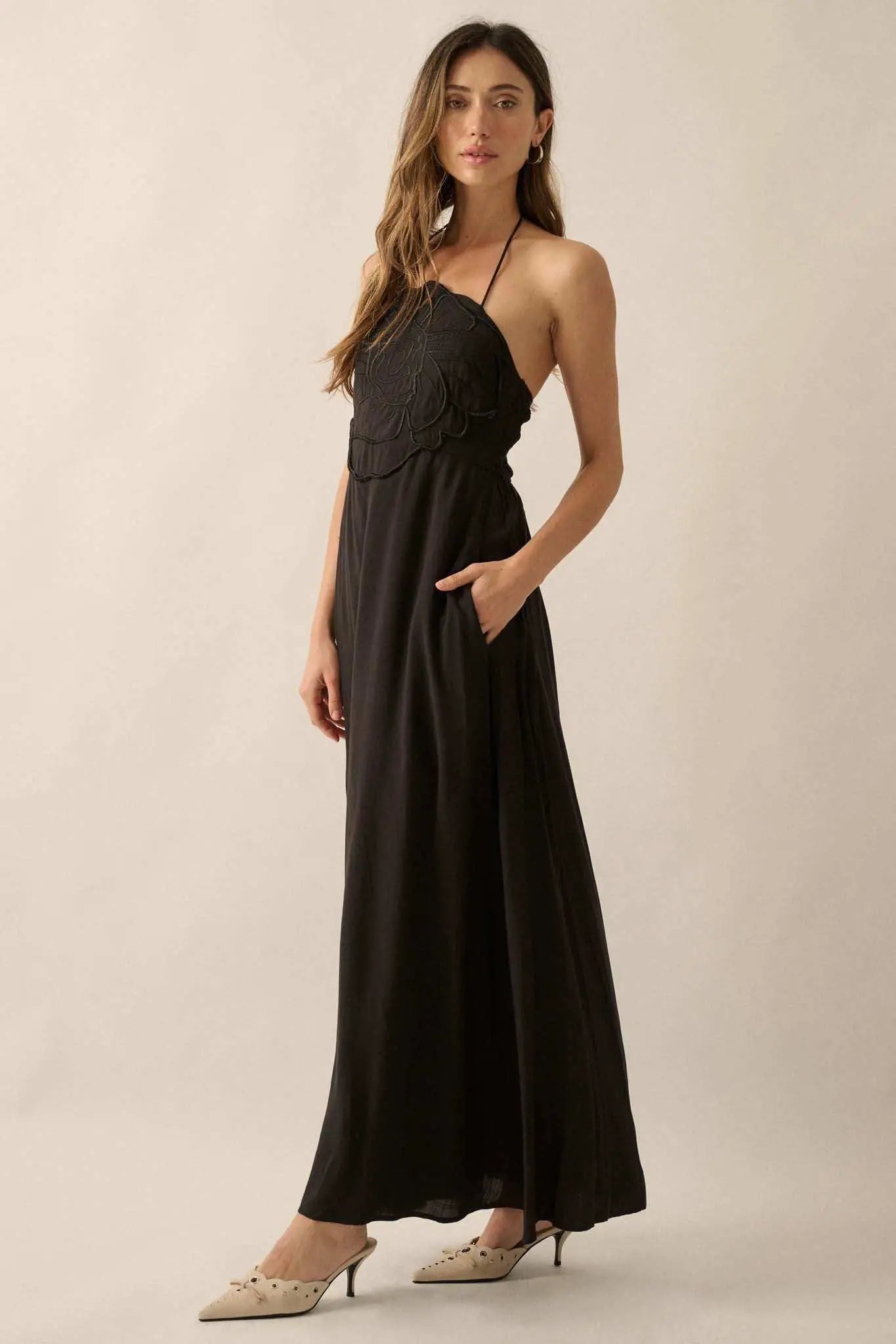 Like a Rose Embroidered Halter Maxi Dress