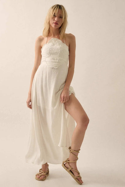 Like a Rose Embroidered Halter Maxi Dress