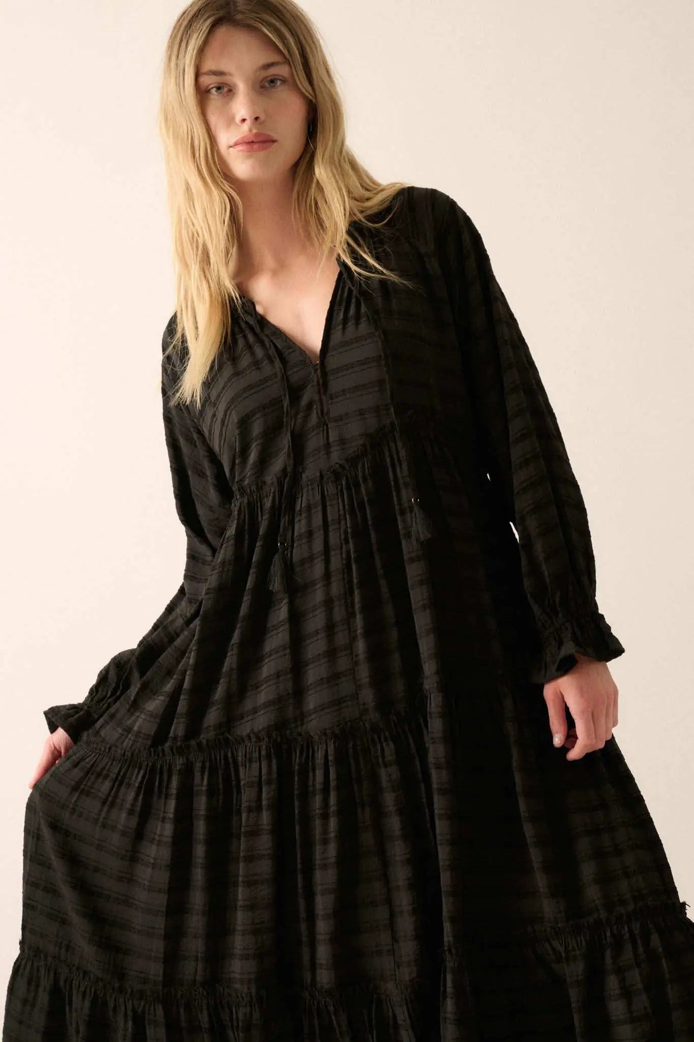 Begin Again Tiered Tonal-Stripe Midi Prairie Dress