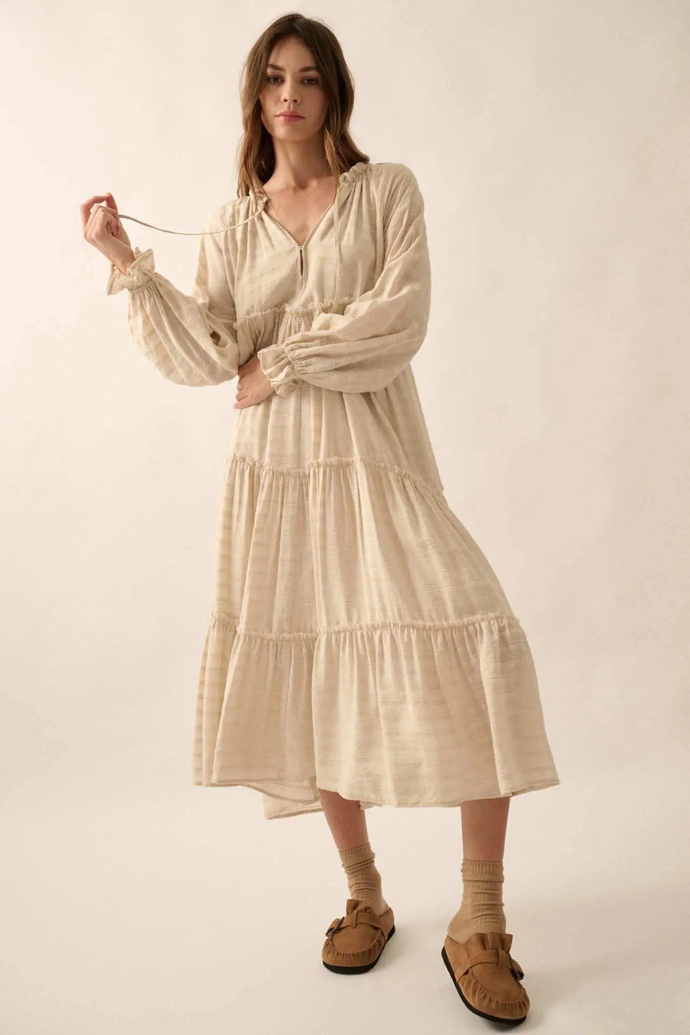 Begin Again Tiered Tonal-Stripe Midi Prairie Dress