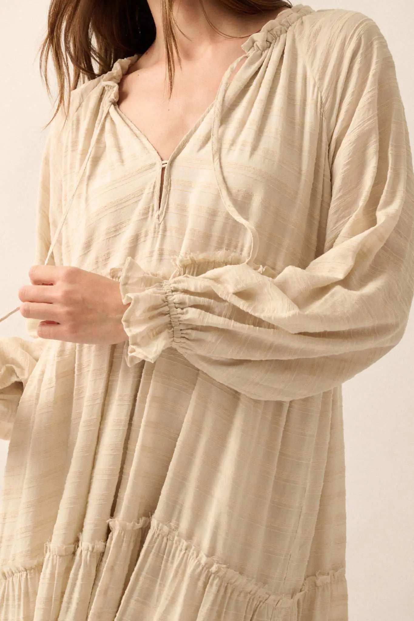 Begin Again Tiered Tonal-Stripe Midi Prairie Dress