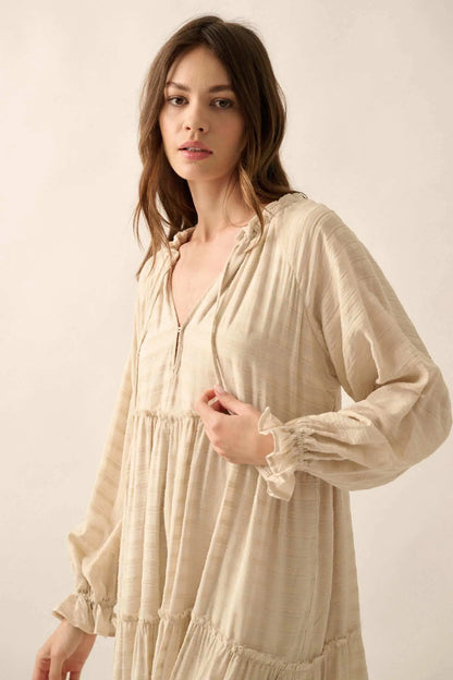 Begin Again Tiered Tonal-Stripe Midi Prairie Dress