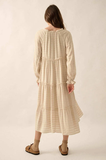 Begin Again Tiered Tonal-Stripe Midi Prairie Dress