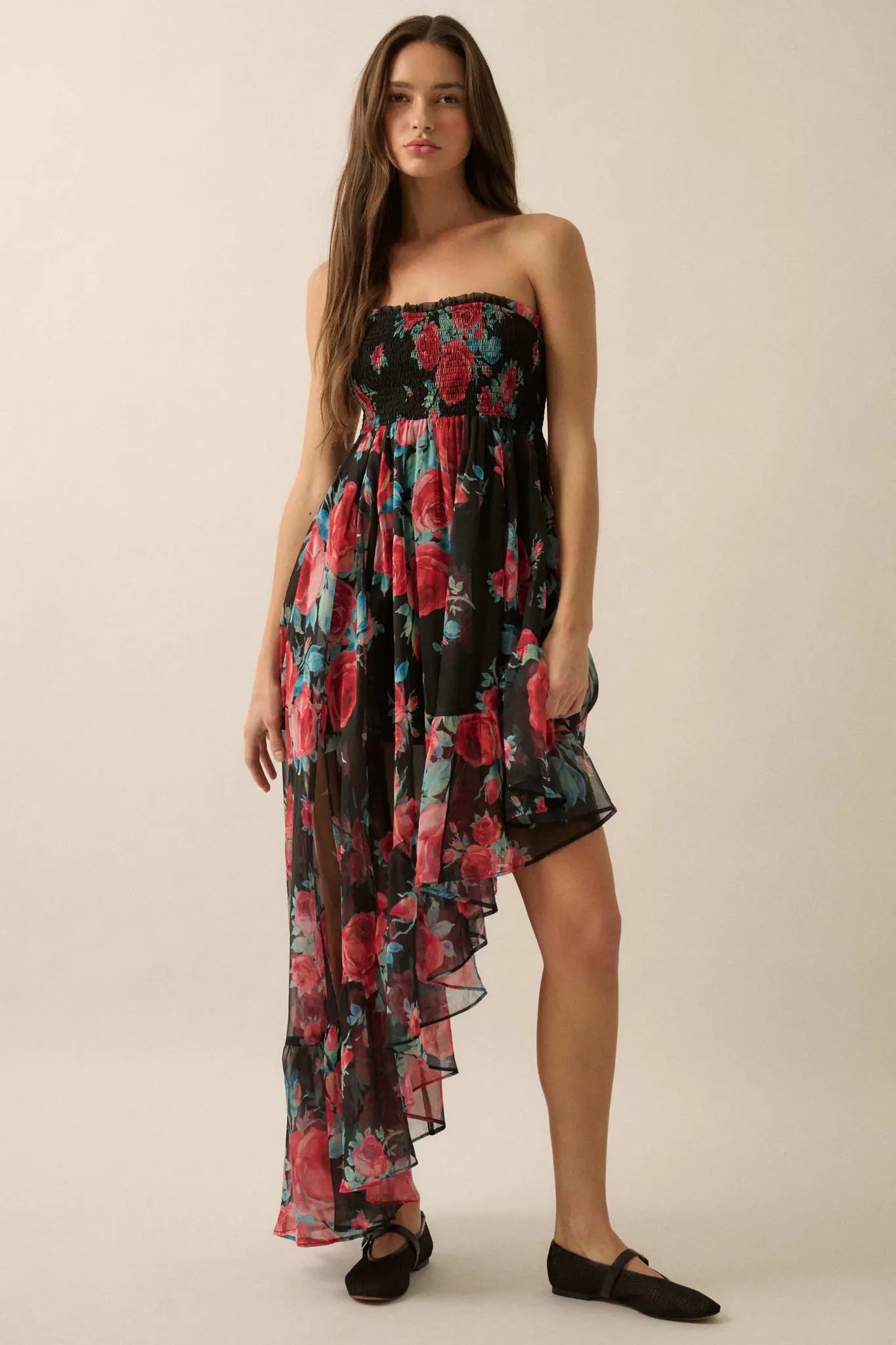 Rose Bouquet Strapless Asymmetrical Floral Dress