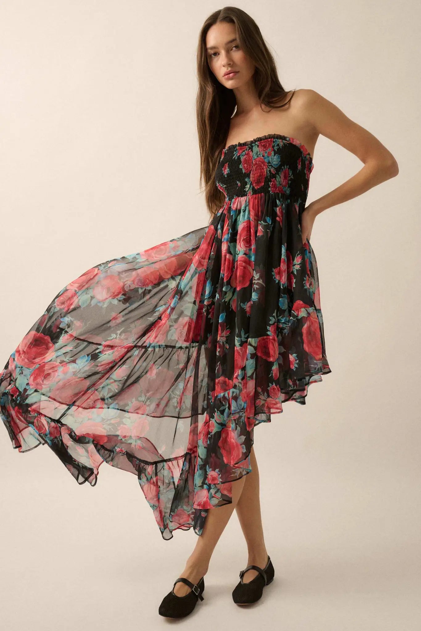 Rose Bouquet Strapless Asymmetrical Floral Dress