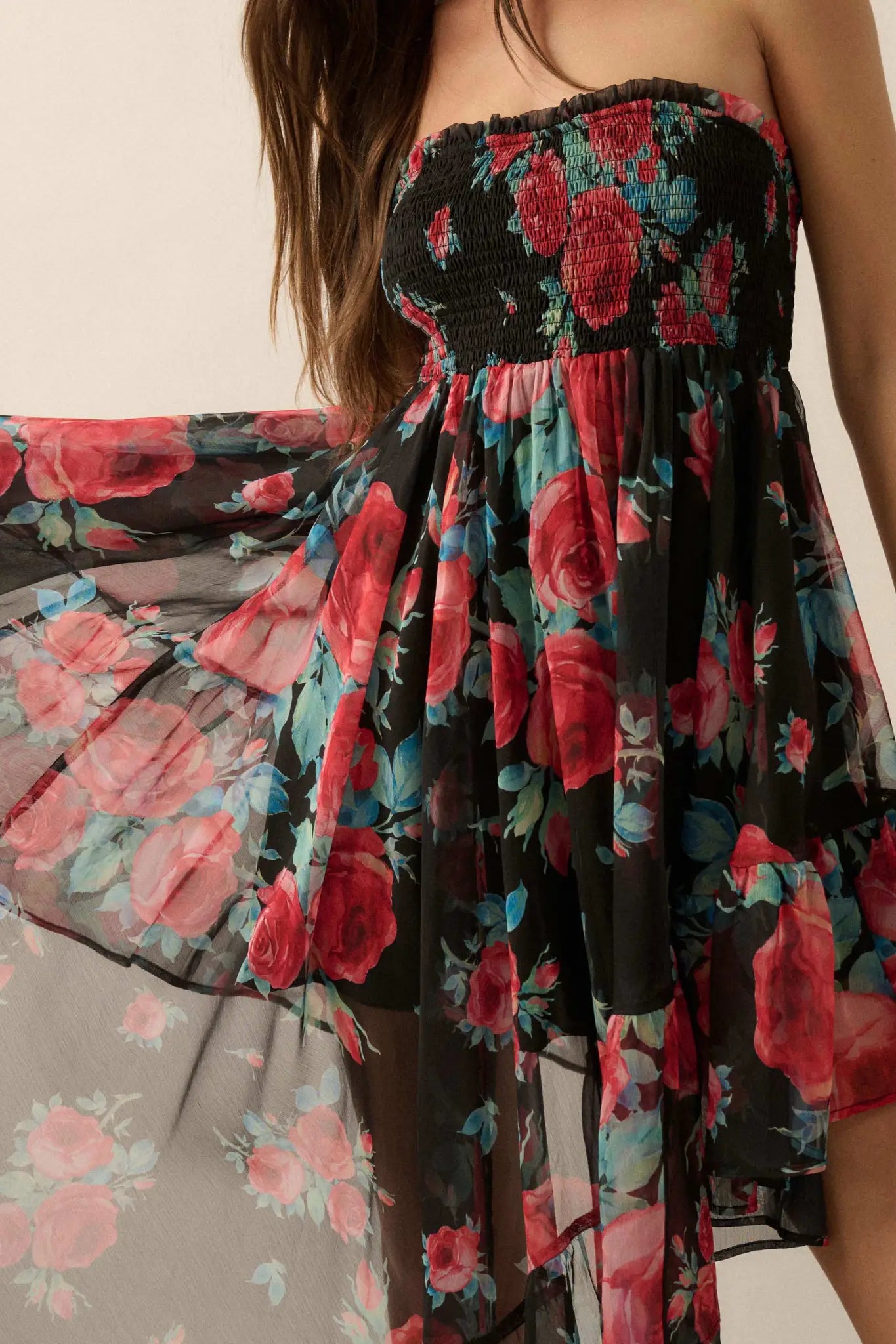 Rose Bouquet Strapless Asymmetrical Floral Dress