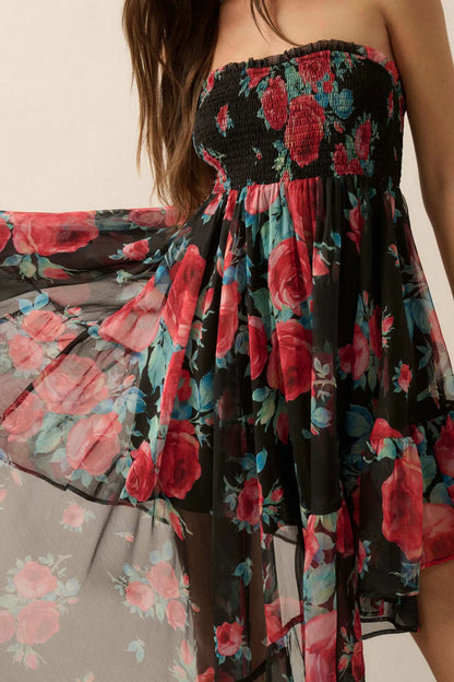 Rose Bouquet Strapless Asymmetrical Floral Dress