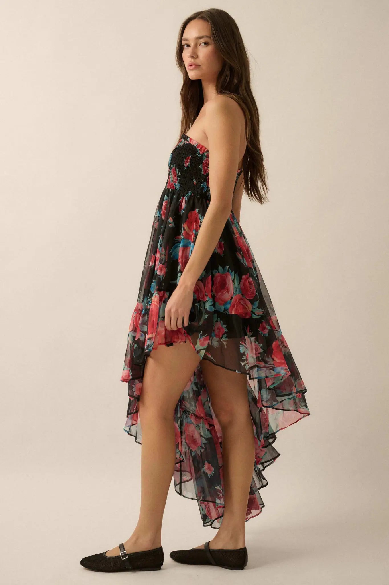 Rose Bouquet Strapless Asymmetrical Floral Dress
