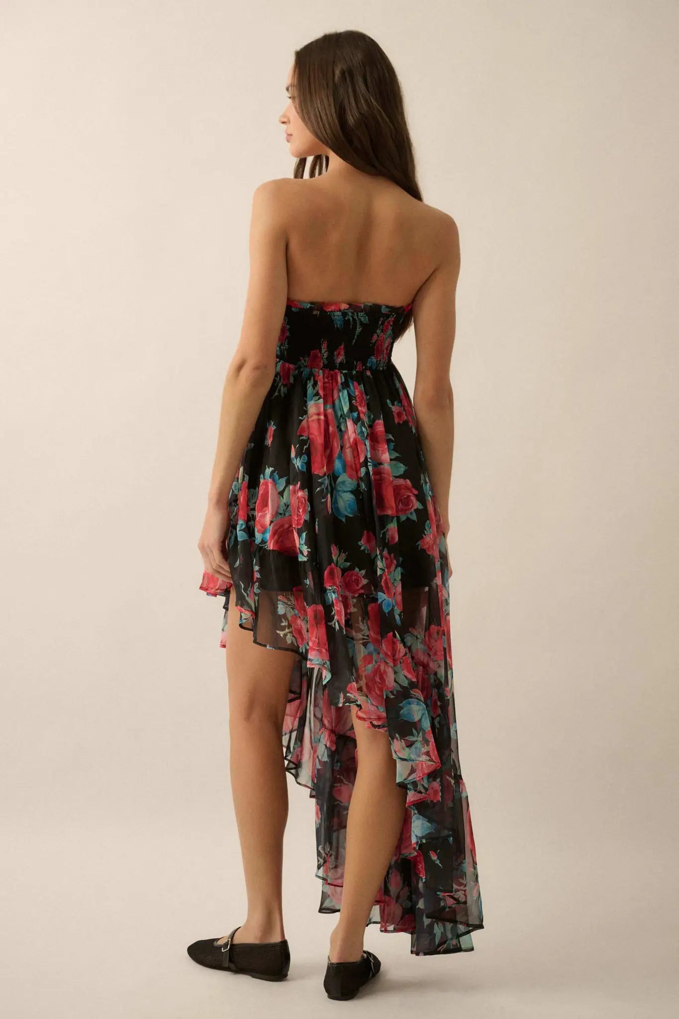 Rose Bouquet Strapless Asymmetrical Floral Dress