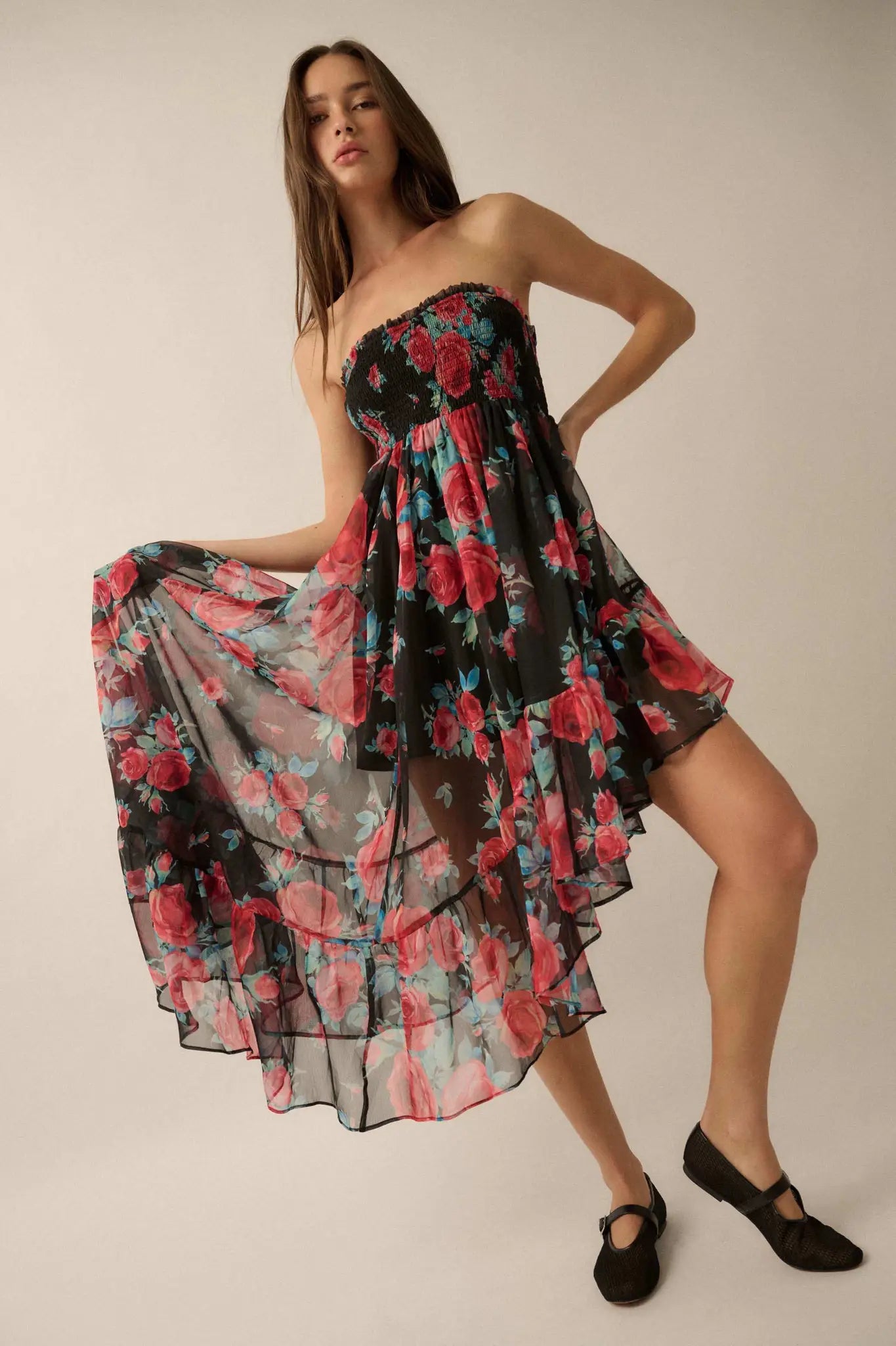 Rose Bouquet Strapless Asymmetrical Floral Dress