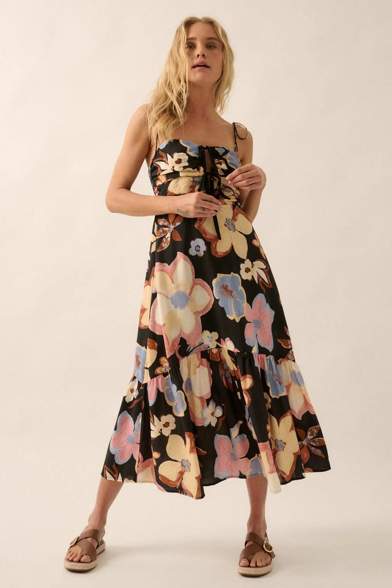 Grow for It Textured Floral Tie-Front Midi Dress