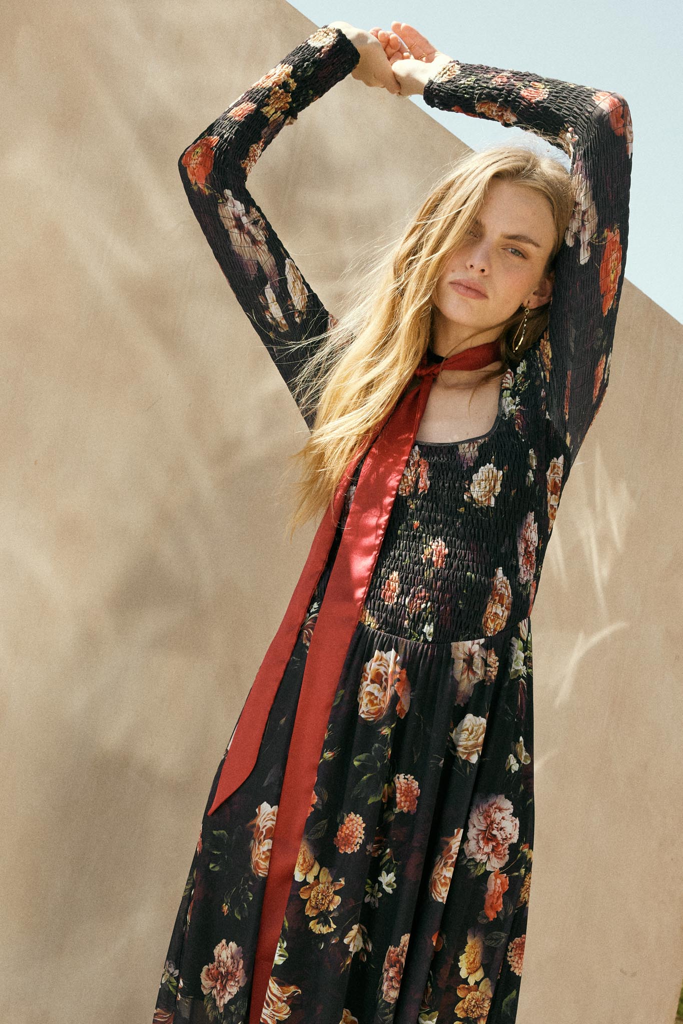 Antique Garden Floral Mesh Smocked Midi Dress