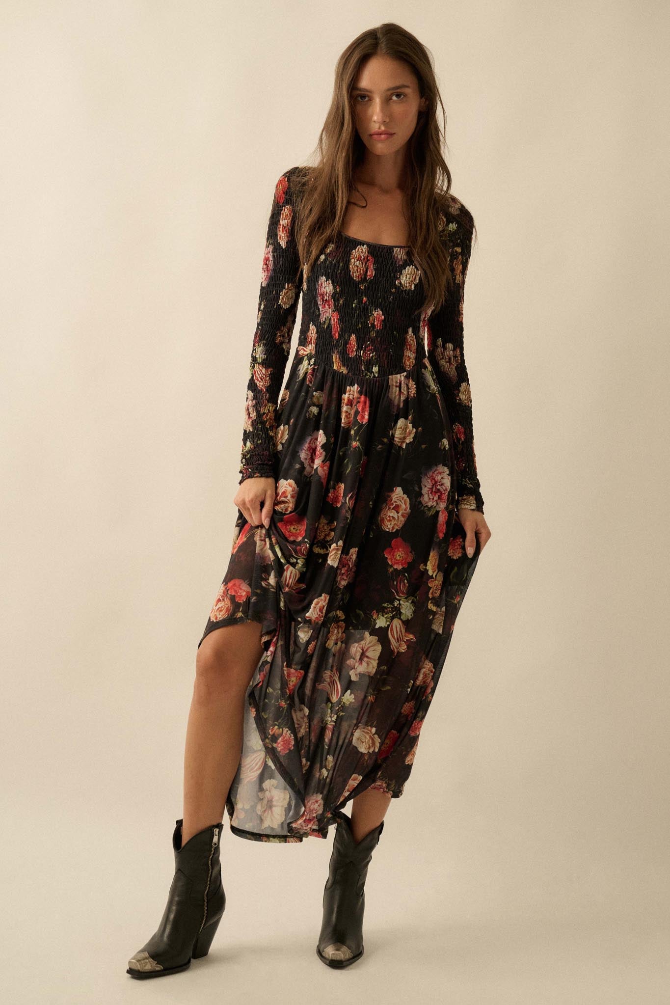 Antique Garden Floral Mesh Smocked Midi Dress