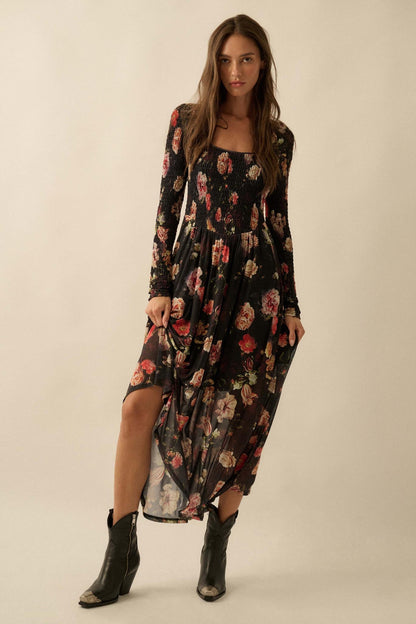 Antique Garden Floral Mesh Smocked Midi Dress