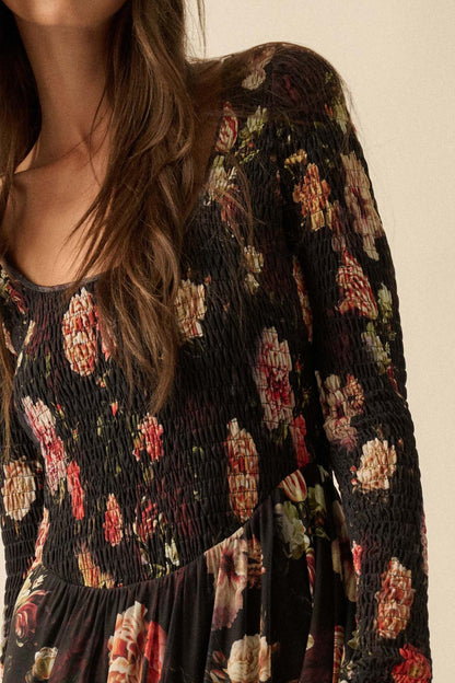Antique Garden Floral Mesh Smocked Midi Dress