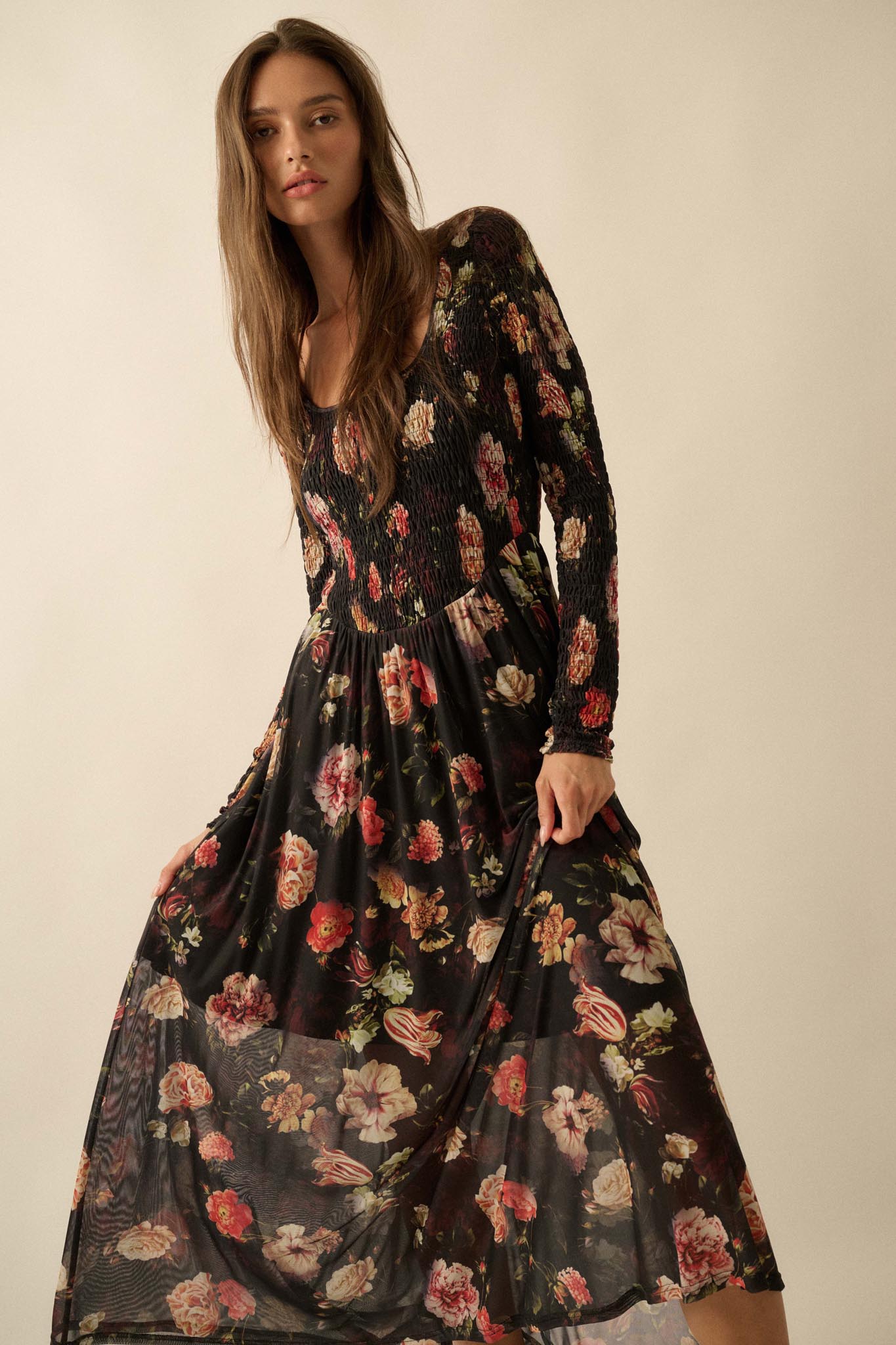 Antique Garden Floral Mesh Smocked Midi Dress