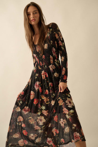 Antique Garden Floral Mesh Smocked Midi Dress