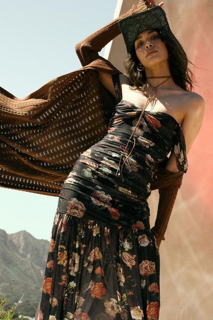 Nostalgic Beauty Floral Mesh Ruched Maxi Dress