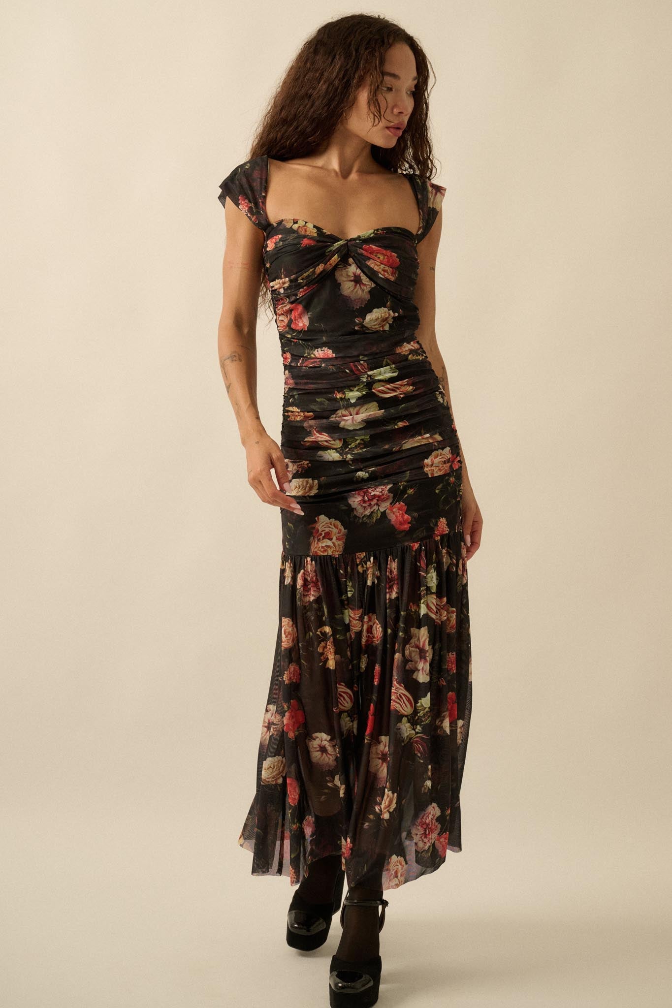 Nostalgic Beauty Floral Mesh Ruched Maxi Dress