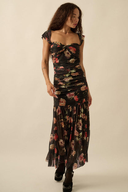 Nostalgic Beauty Floral Mesh Ruched Maxi Dress