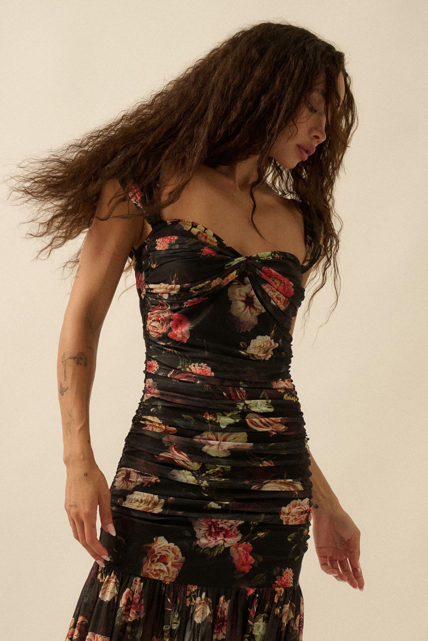 Nostalgic Beauty Floral Mesh Ruched Maxi Dress