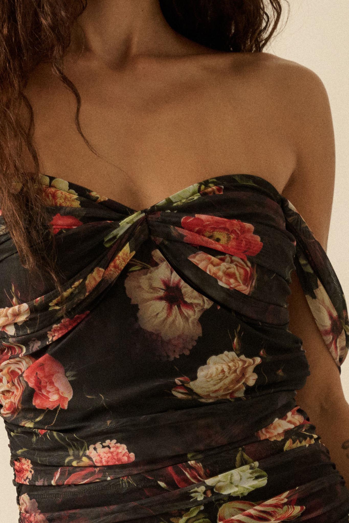 Nostalgic Beauty Floral Mesh Ruched Maxi Dress