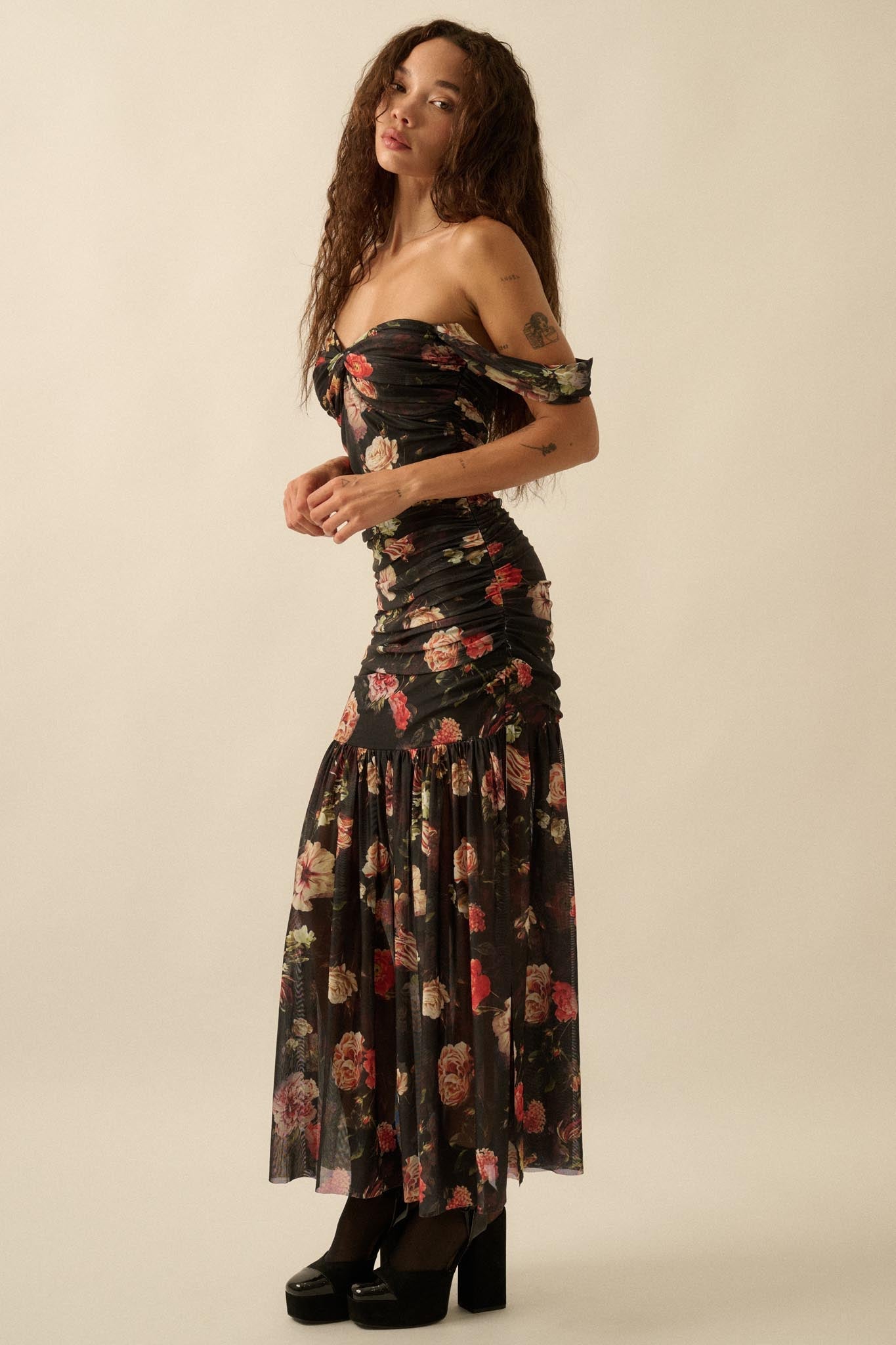Nostalgic Beauty Floral Mesh Ruched Maxi Dress