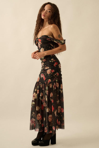 Nostalgic Beauty Floral Mesh Ruched Maxi Dress