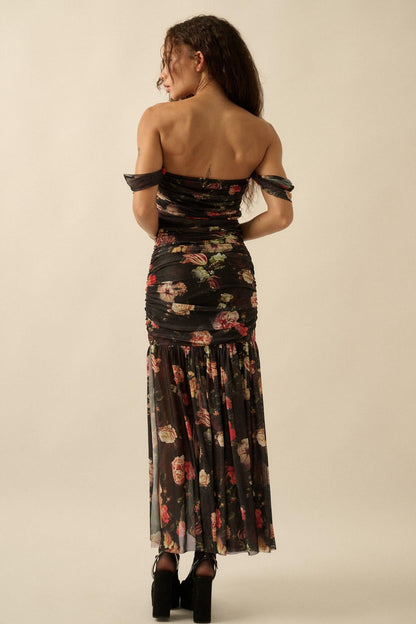 Nostalgic Beauty Floral Mesh Ruched Maxi Dress