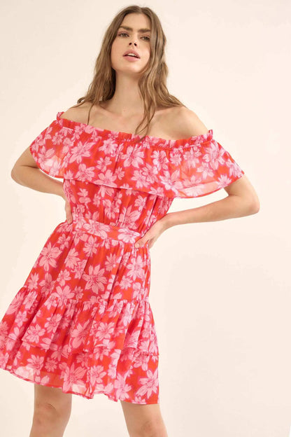 Island Flowers Ruffled Floral Off-Shoulder Mini Dress