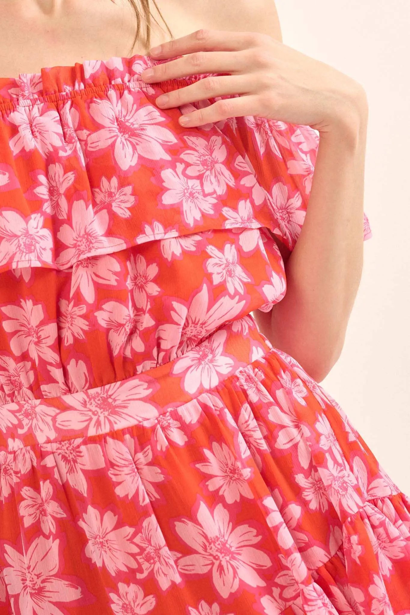 Island Flowers Ruffled Floral Off-Shoulder Mini Dress