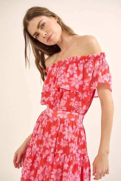 Island Flowers Ruffled Floral Off-Shoulder Mini Dress