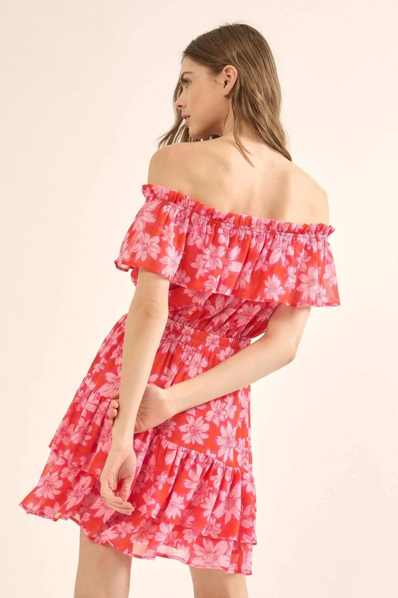 Island Flowers Ruffled Floral Off-Shoulder Mini Dress