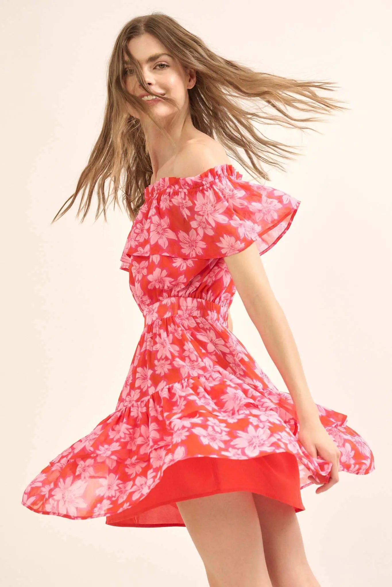 Island Flowers Ruffled Floral Off-Shoulder Mini Dress