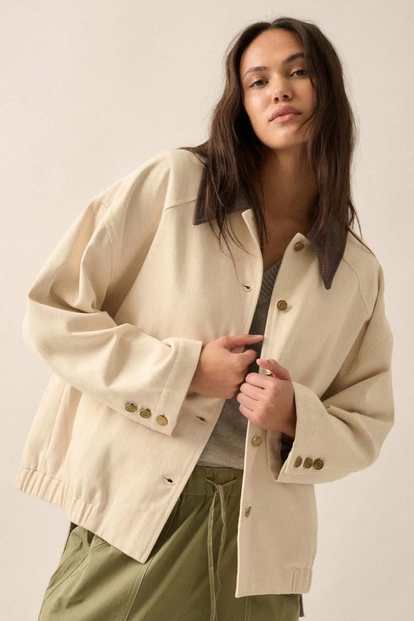 Piece of Work Corduroy-Collar Twill Utility Jacket
