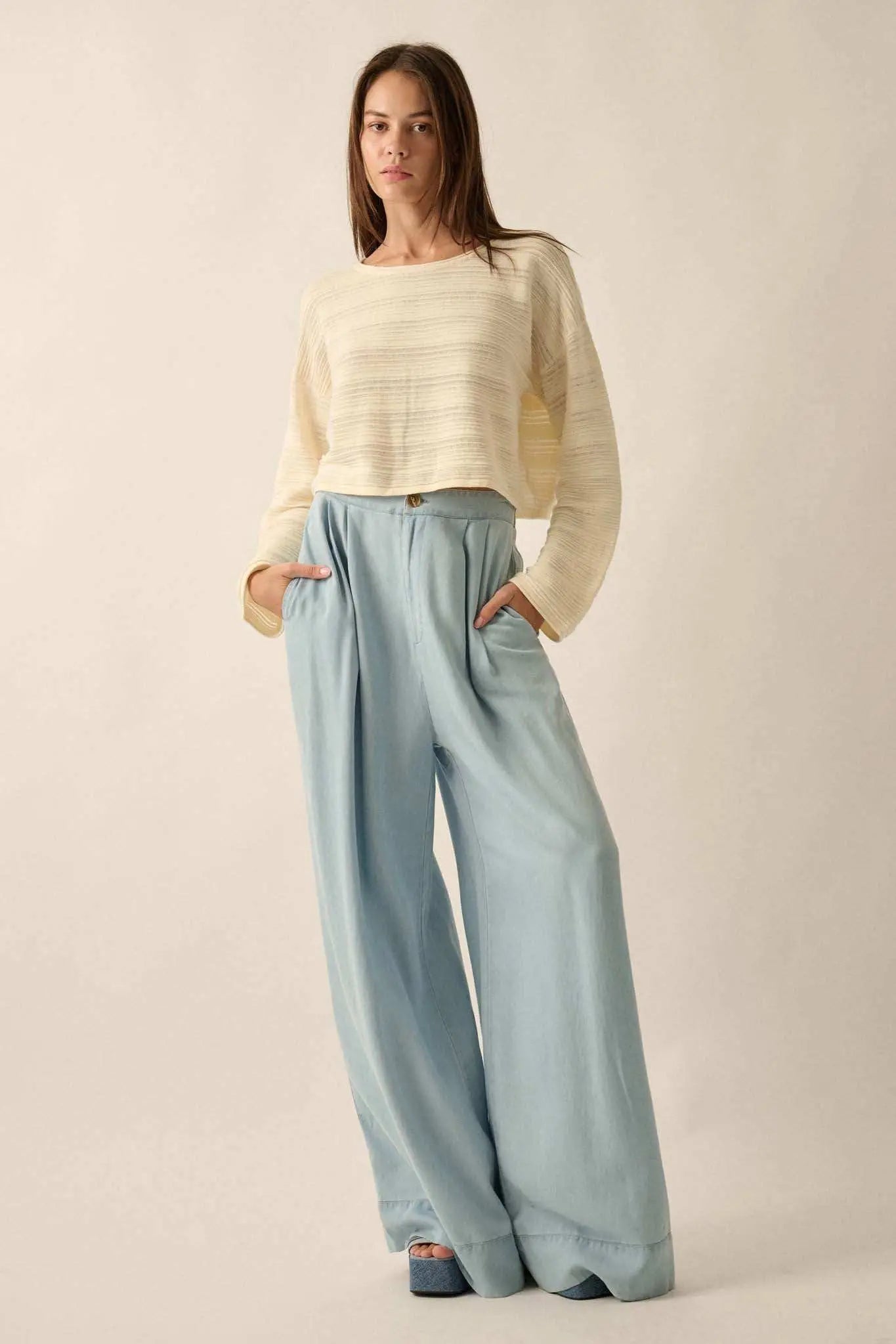 Out of the Blue Pleated Denim Wide-Leg Pants