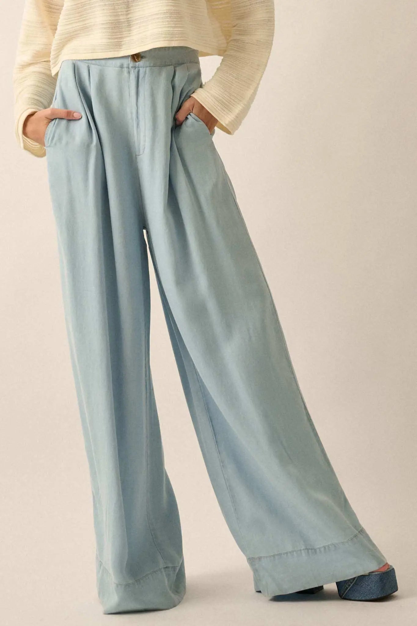 Out of the Blue Pleated Denim Wide-Leg Pants