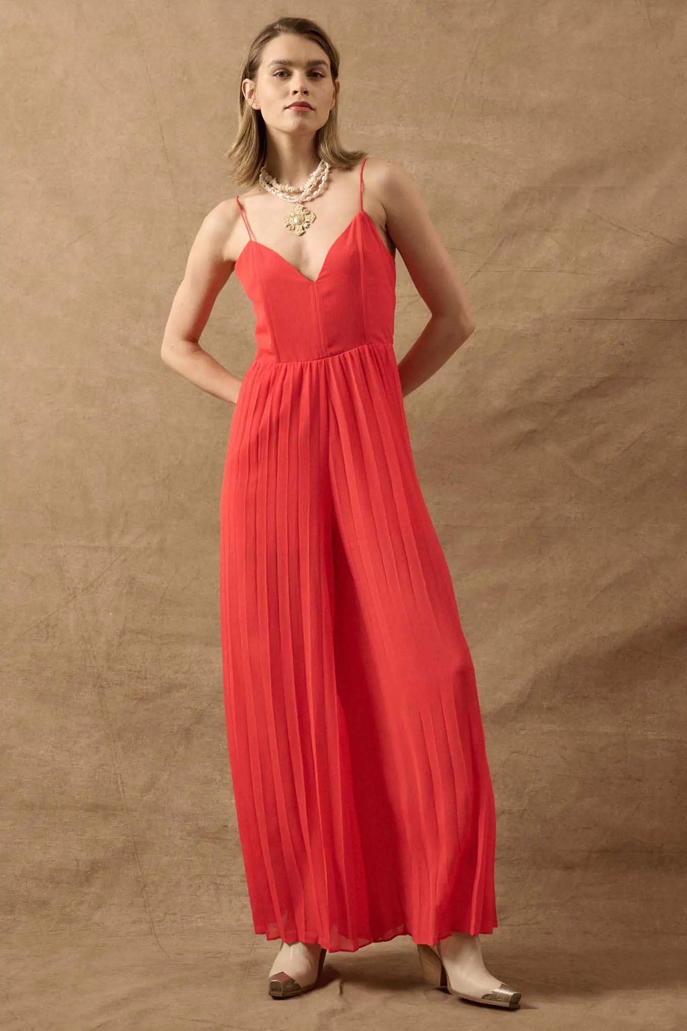In Vogue Accordion Pleated Wide-Leg Corset Jumpsuit